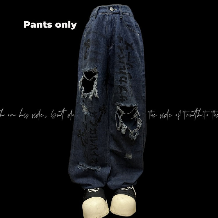 Raw Hem Punk Jeans Blau Distressed Holes