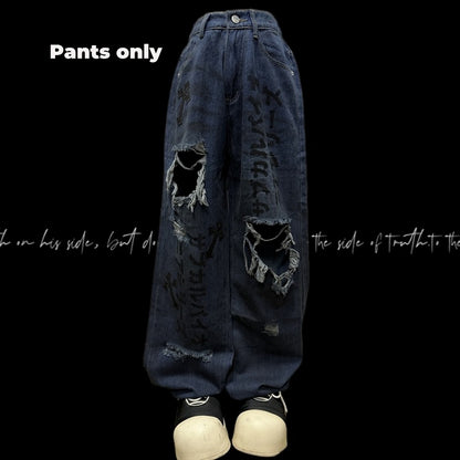 Raw Hem Punk Jeans Blau Distressed Holes