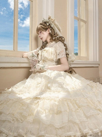 Beige OP Dress with Floral Embroidery, Pearls, and Short Train - Mademoiselle Pearl
