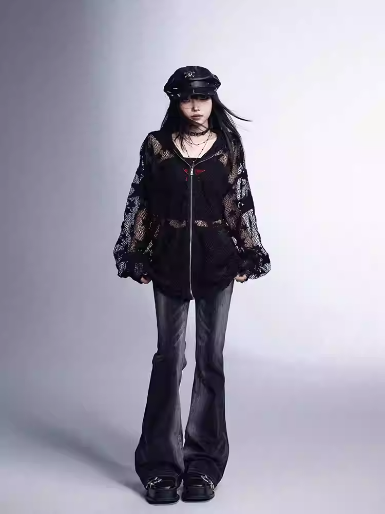 ジャケット Y2K 保護 ブラック スター柄 中空アウト サンフード付き