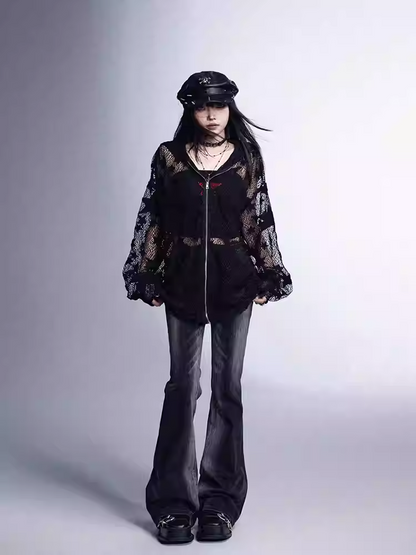 ジャケット Y2K 保護 ブラック スター柄 中空アウト サンフード付き