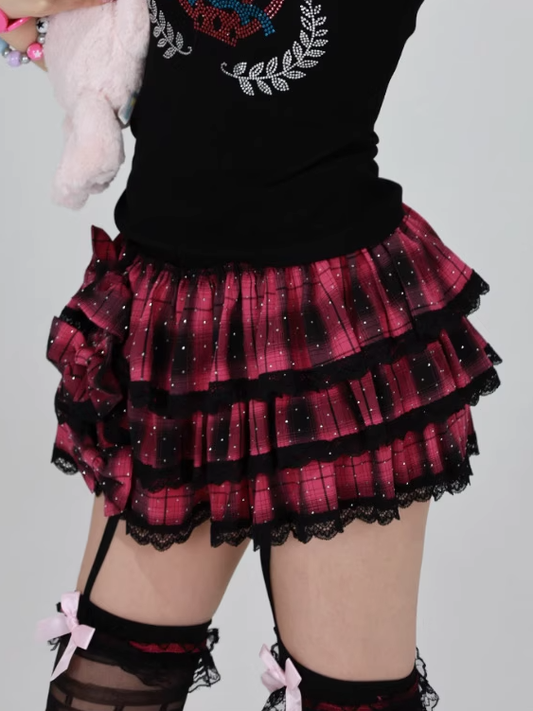 Red Plaid Tiered Skirt with Black Lace Trim and Detachable Bow Accents