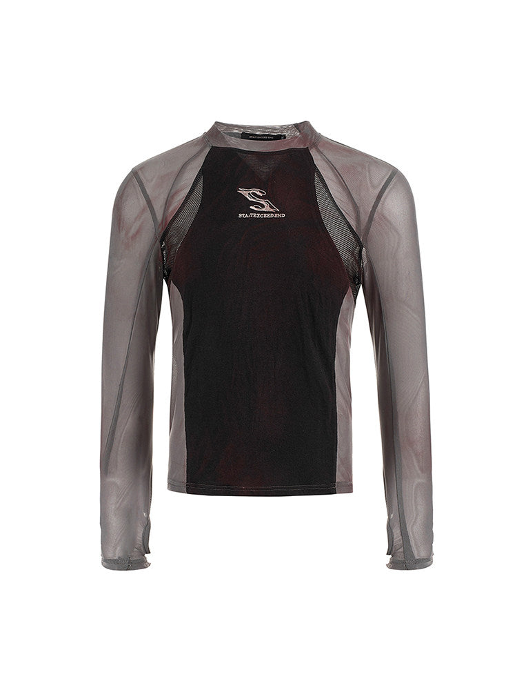 Haut coupe ajustée Panneau Manches Poignets avec trous pour les pouces Noir avec longues semi-transparentes