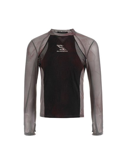 Haut coupe ajustée Panneau Manches Poignets avec trous pour les pouces Noir avec longues semi-transparentes