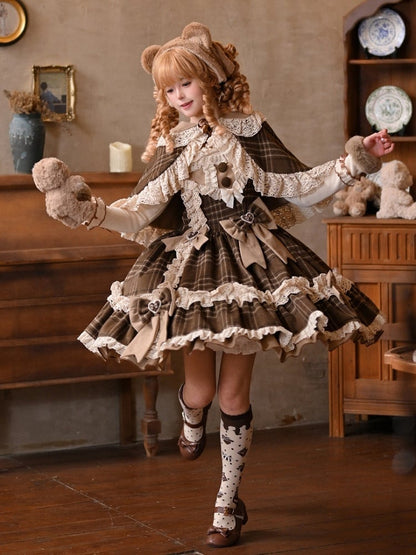 Lolita Apricot JSK Top Autumn/Winter Plaid Reversible Brown + Cape Dress