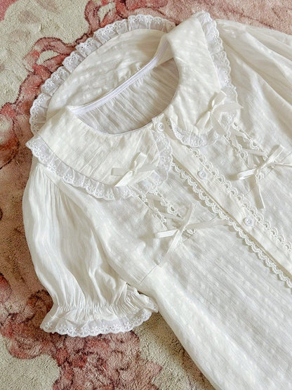 White Sweet Peter Pan Collar Short Sleeve Cotton Blouse Lolita - Jelly Girl