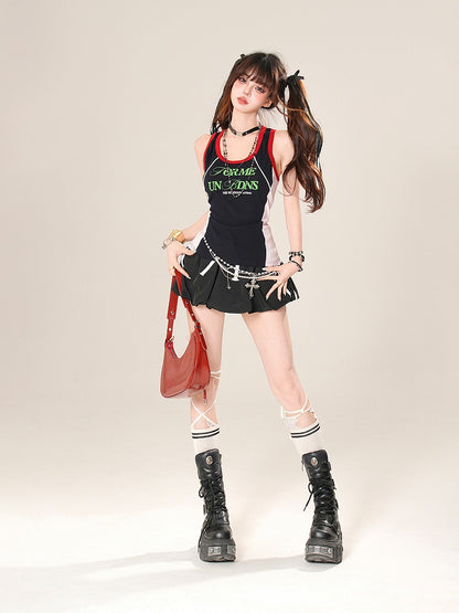 デザインレタープリントタンクトップ ネイビーブルー カラーブロック