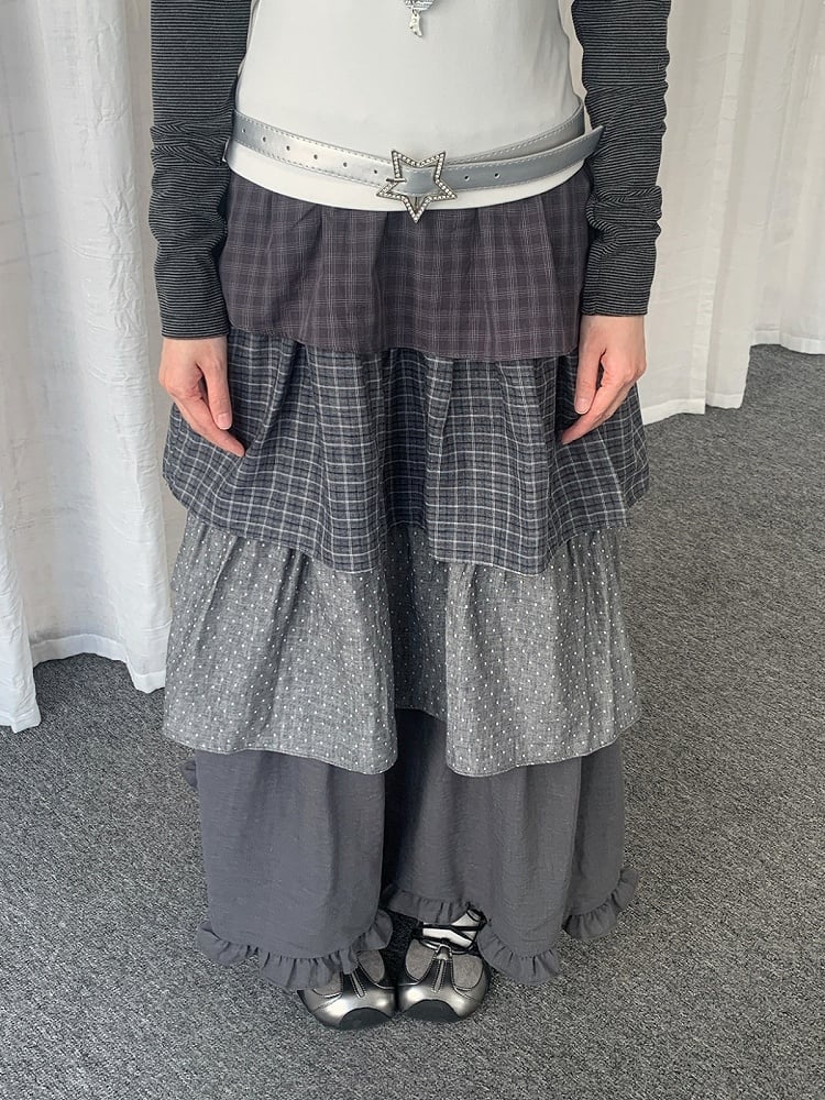 Dark Gray Plaid and Polka Dot Layered Ruffle Skirt - Solkatt