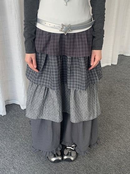 Dark Gray Plaid and Polka Dot Layered Ruffle Skirt - Solkatt