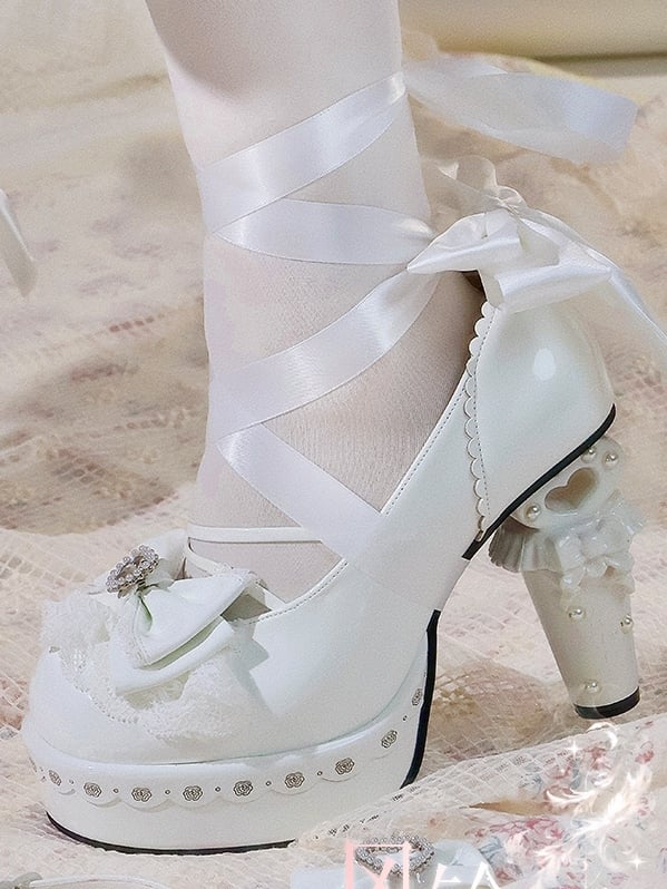 with Decor Side Janes Beaded Decorative Detachable Heart White Heel Mary Bow Chunky Snap