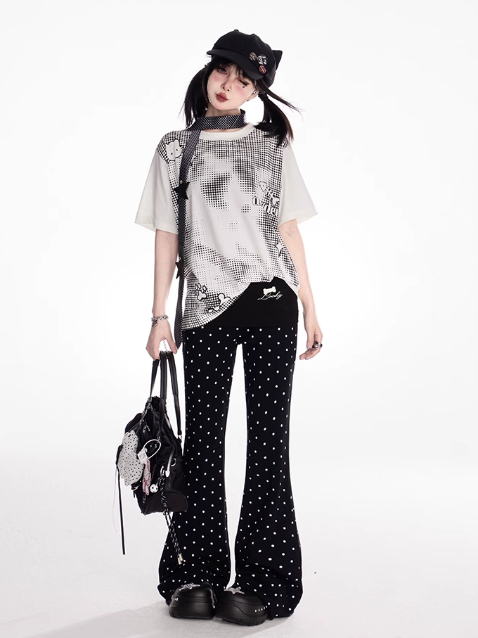 Ausgestellte Freizeithose Schwarz Polka Dot Elastische Taille Schmal geschnitten