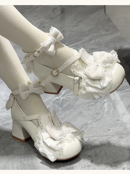Low/Mid-heel Ear Adjustable Comfortable White Bow Crisscross Design with at Mary Bunny Janes Top