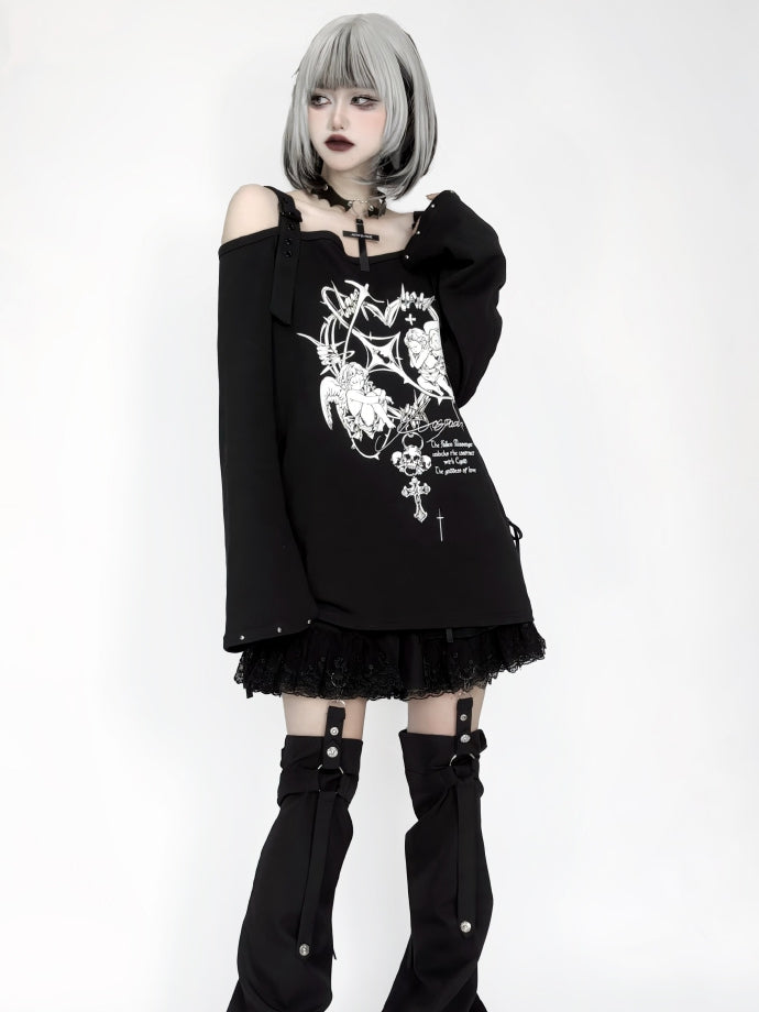 Studded Print Angel with Top Off-Shoulder Black Sleeves