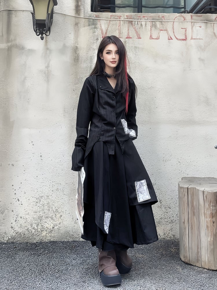 Black Notched Collar Bell Sleeves Punk Asymmetrical Shirt Appliques