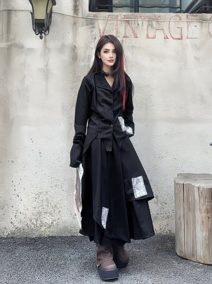 Black Notched Collar Bell Sleeves Punk Asymmetrical Shirt Appliques