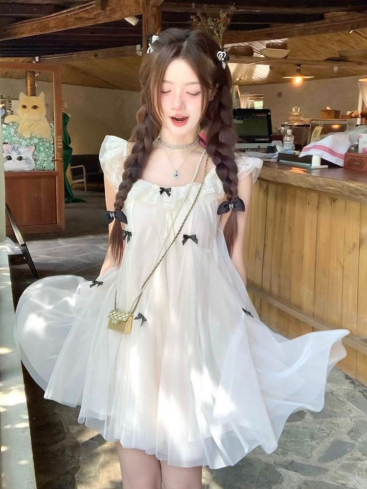 Sweet Apricot Dress with Bow and Lace Trim - Qchiwawameme