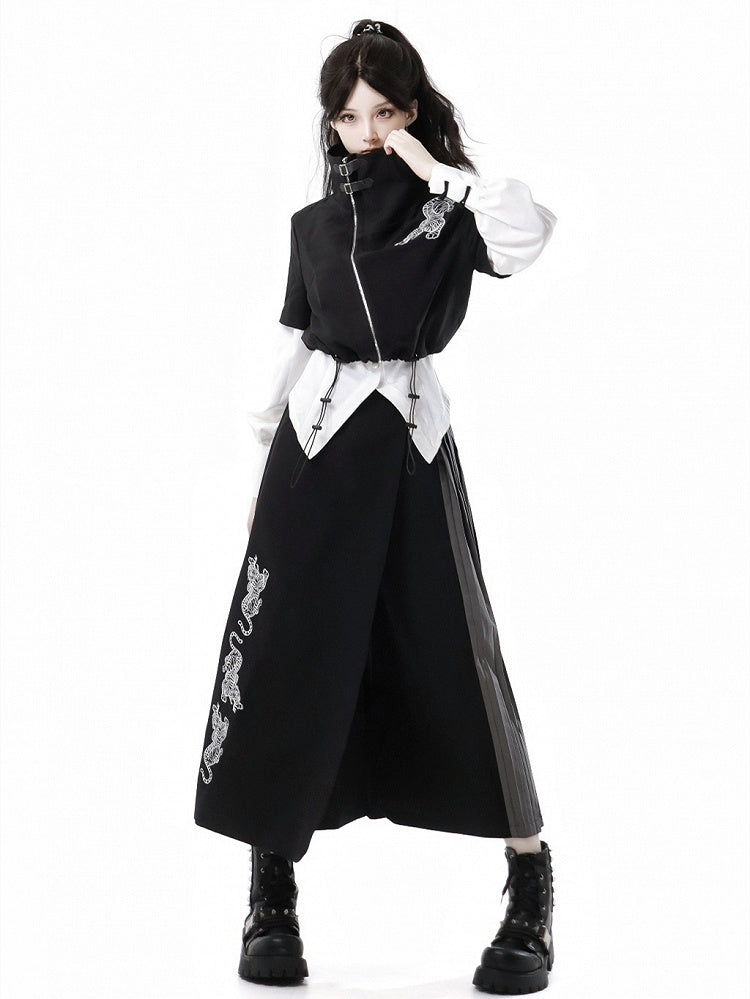 Tiger Embroidery Black Pleated Wide Leg Pants Side - PINK SAVIOR