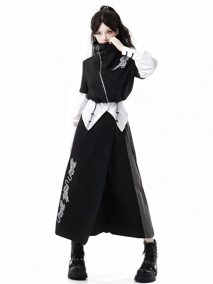Tiger Embroidery Black Pleated Wide Leg Pants Side - PINK SAVIOR