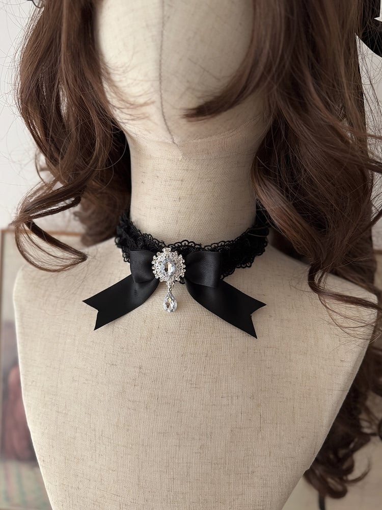 Sweet Hime-Style Rhinestone Lolita Multi-Layered with Black / Dress Skirt Details Bow Train Choker Big JSK Lace +