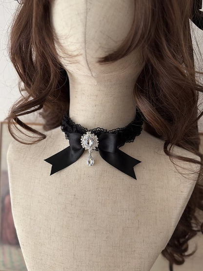 Sweet Hime-Style Rhinestone Lolita Multi-Layered with Black / Dress Skirt Details Bow Train Choker Big JSK Lace +