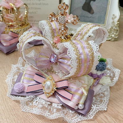 Pink/BlackPurple Crown Decorated Rhinestone Bowknot Design Details Pompon Cross Mini Hat