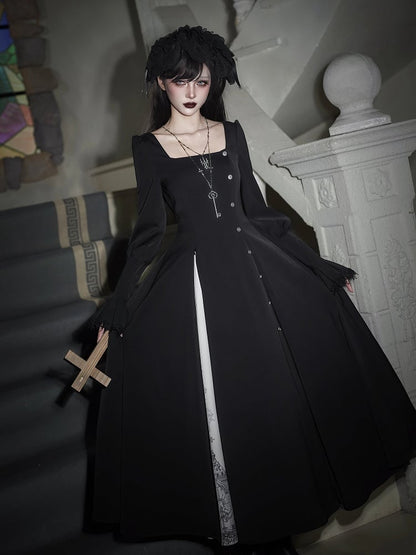 Neckline + White Black Embroidered Dress Gothic Print Square Collar Lolita