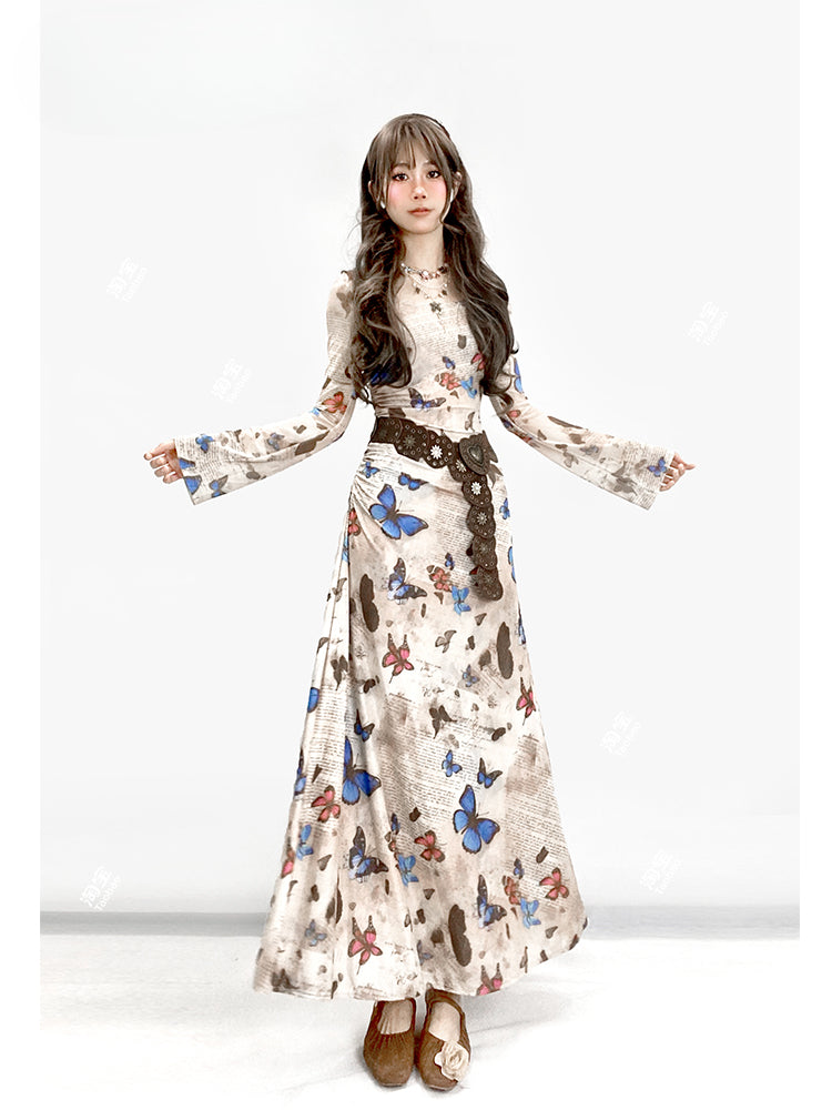 Millard Fashion Vintage Hellkaffeefarbenes Kleid mit Rundhalsausschnitt und Schmetterlingsraffung