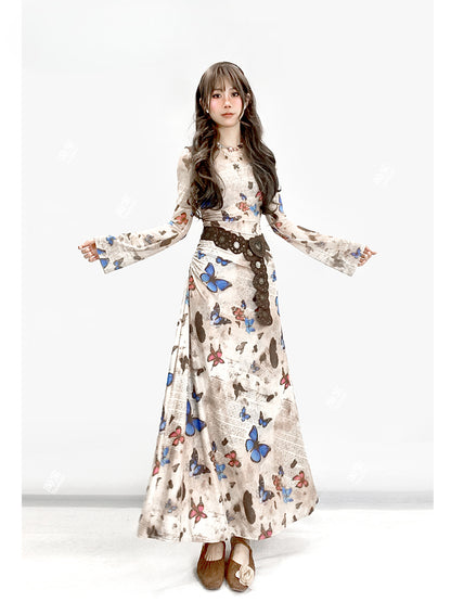 Millard Fashion Vintage Hellkaffeefarbenes Kleid mit Rundhalsausschnitt und Schmetterlingsraffung