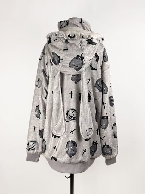 Jacket Fleece Pattern Kei Hooded Jirai Cartoon Bunny-Ear Gray Bunny