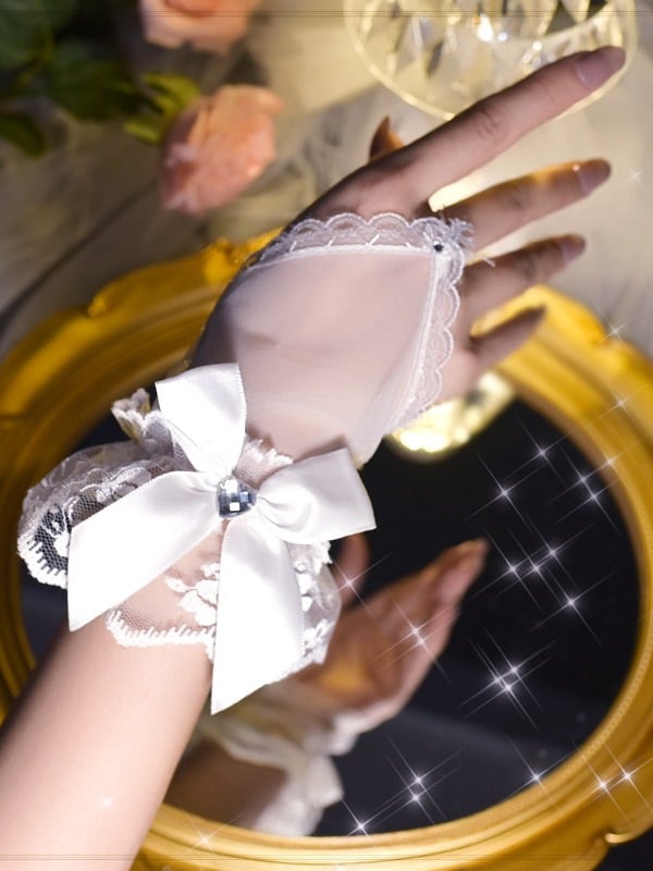 White Lace Wrist Cuffs with Bow Embellishment - Mr. Cat