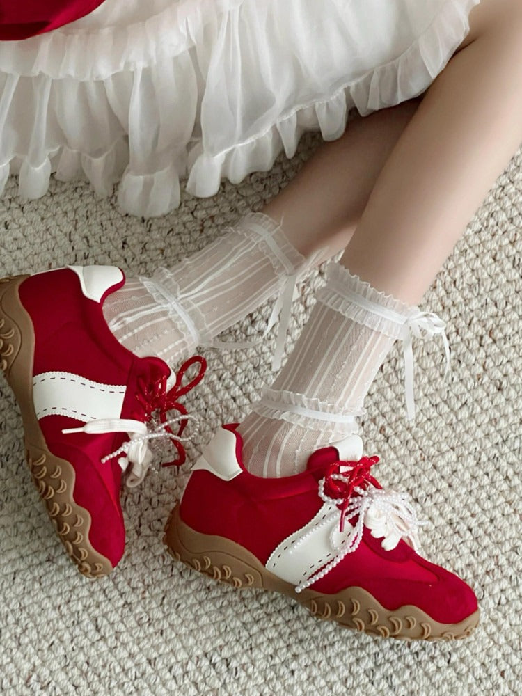 Semi-sheer Striped Ruffled Ankle Socks with Bow - Xi Shang Mei Shao