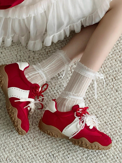 Semi-sheer Striped Ruffled Ankle Socks with Bow - Xi Shang Mei Shao