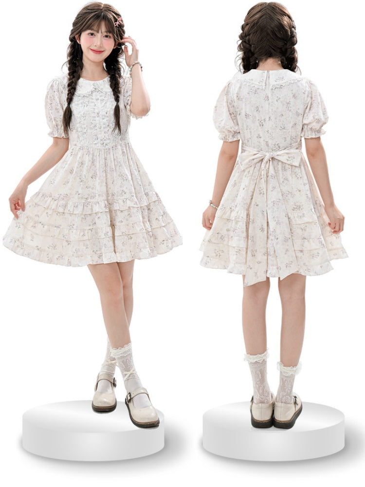 Bow Floral Dress White Peter Pan Collar Self-tie Waist Sweet