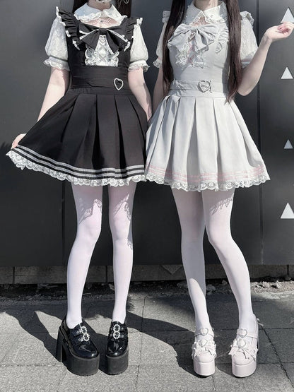 Landmine Style Gray & Pink Short Sleeve Box-Pleated Dress with Lace and Bow Details - Virtual Paradise