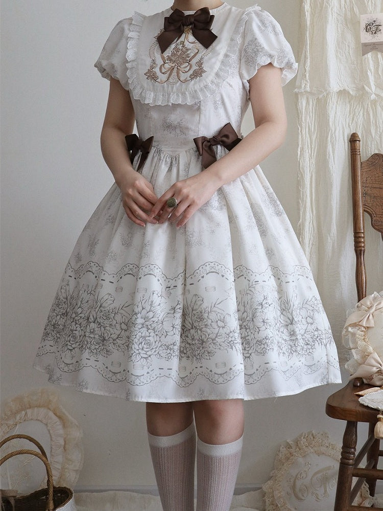 White and Piece Bodice Short Bowknot One Floral Embroidery Classic Version Lolita