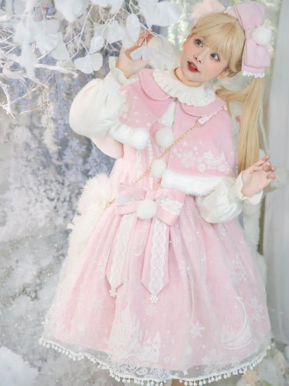 Moon with Set Snow Lace Dress Jumper Print Overlay Cape Trim Pink Plush Castle Lolita Skirt