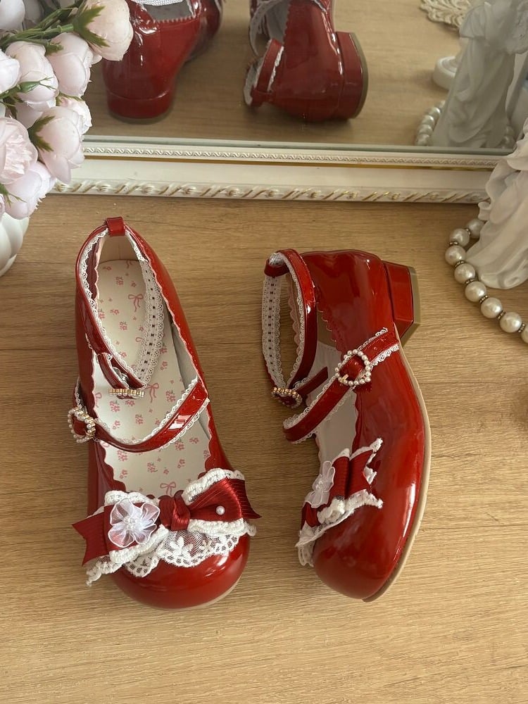 Elegant Lace Bow Round Toe Pumps - 2.5cm Low Heels - Blossoms