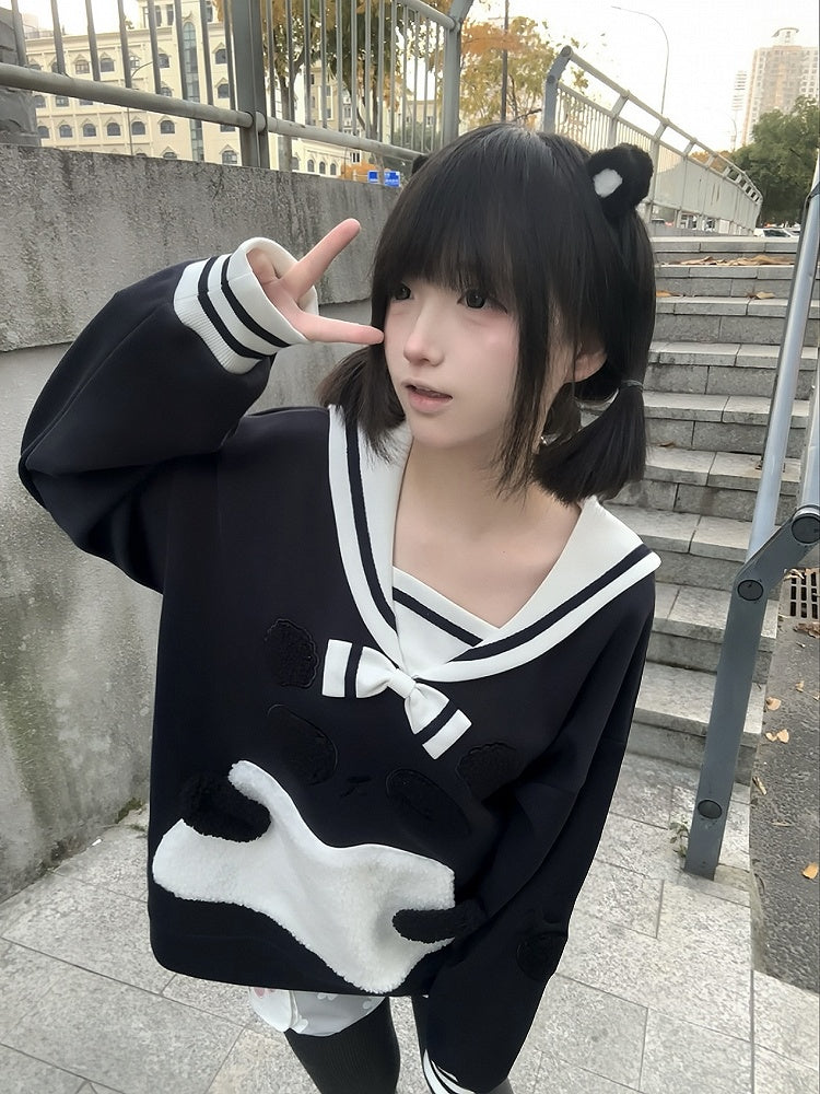 Blue Soft Sailor Adorable Navy Collar with Panda Embroidery Sweatshirt