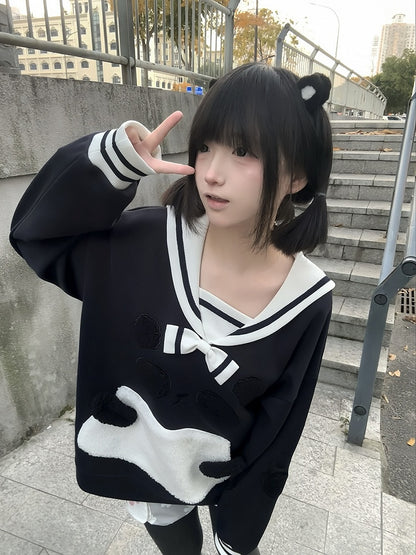 Blue Soft Sailor Adorable Navy Collar with Panda Embroidery Sweatshirt