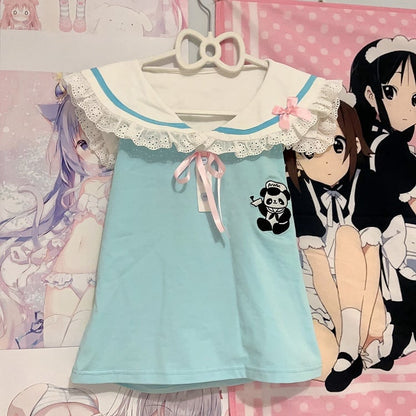 Collar Backless Embroidery with Panda Top Navycore Sailor Blue