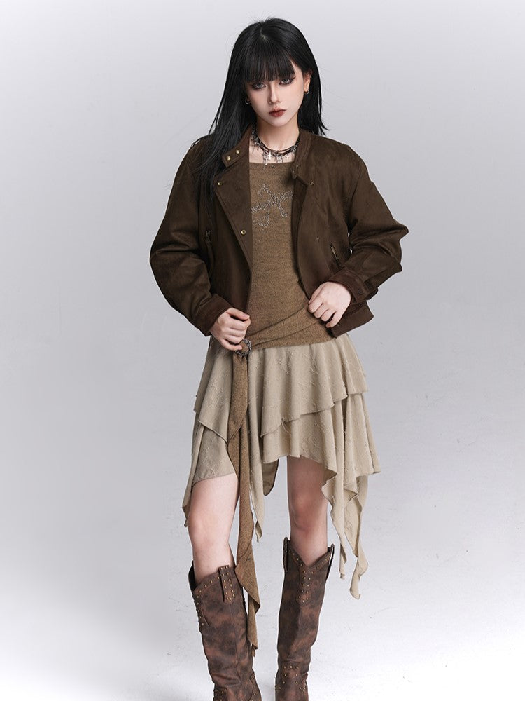 Khaki Faux Skirt Off-Shoulder Halter Handkerchief Two-Piece Hem Tiered Top Dress: Coffee Gothic