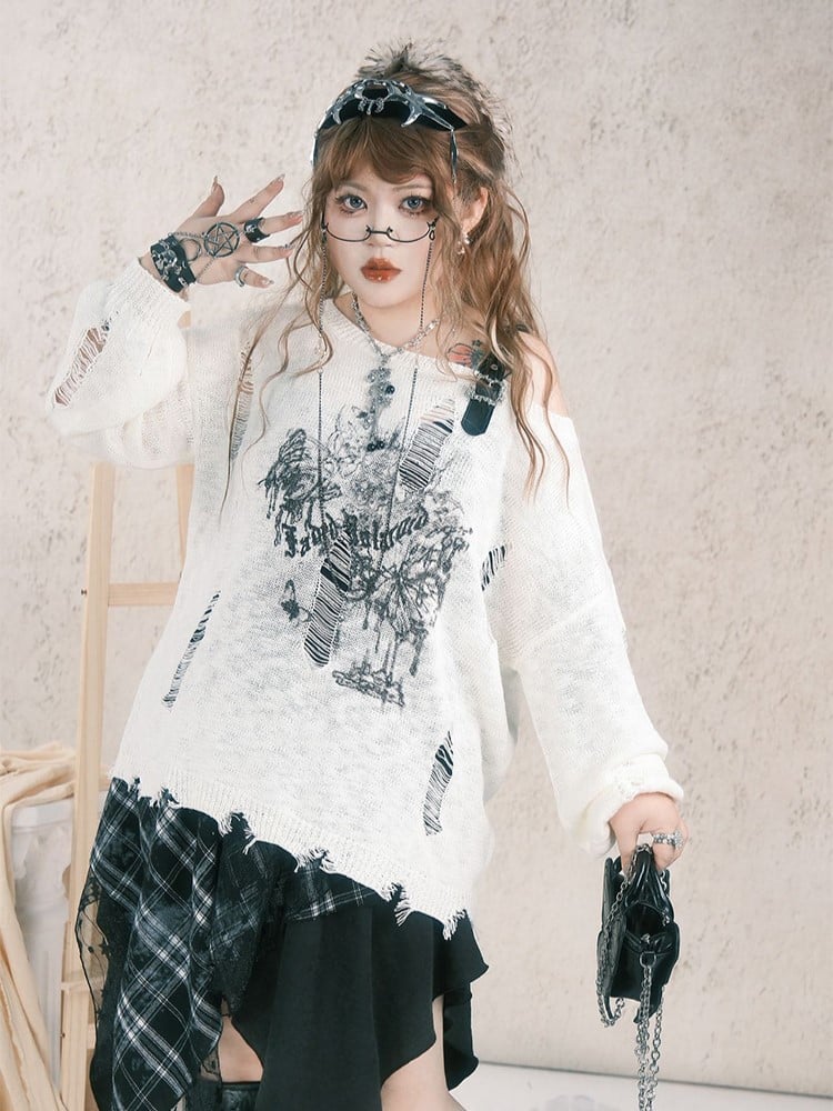 Top Plus Distressed Knit Print Butterfly White with Size Details Asymmetrical Neck