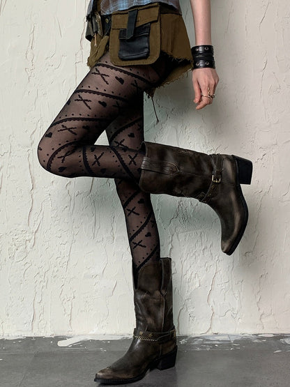 Heart And Bittersweet Print Striped Black Punk Cross Pattern