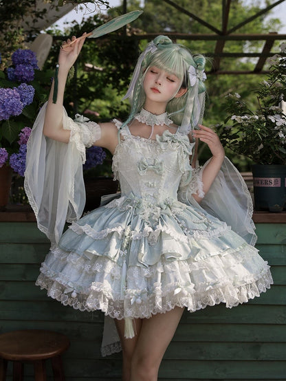 Grünes Lolita-Korsettkleid mit Schleifenakzenten, Ketten und Blumenperlen