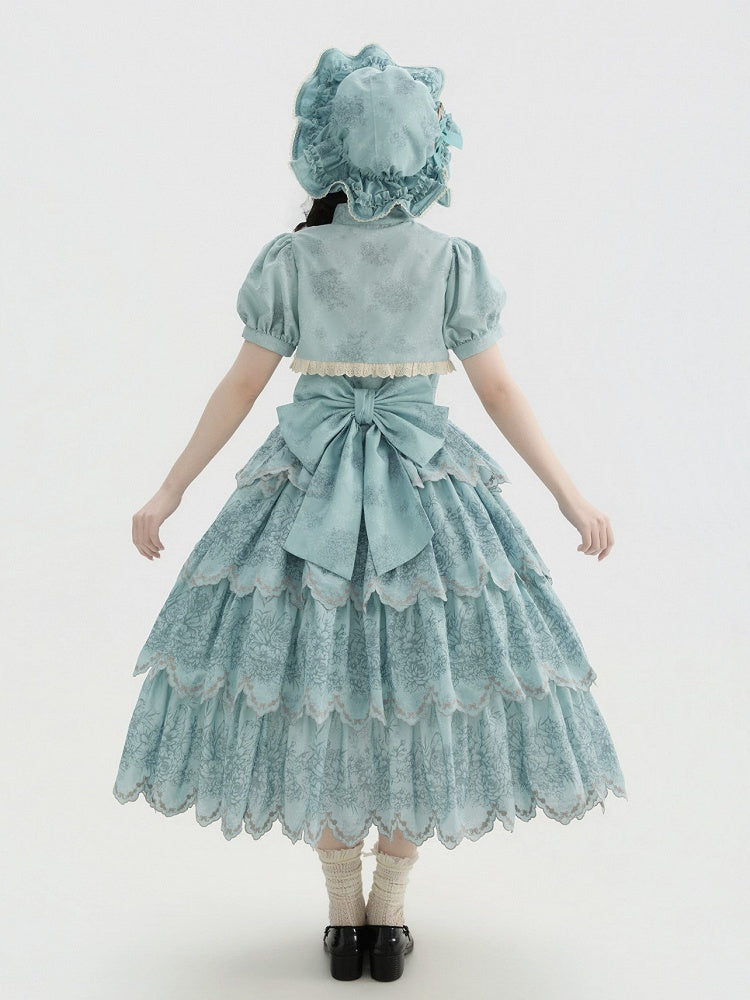 Jumper with Trim Scallop Skirt Blue Classic Layered Print Embroidered Lolita Floral