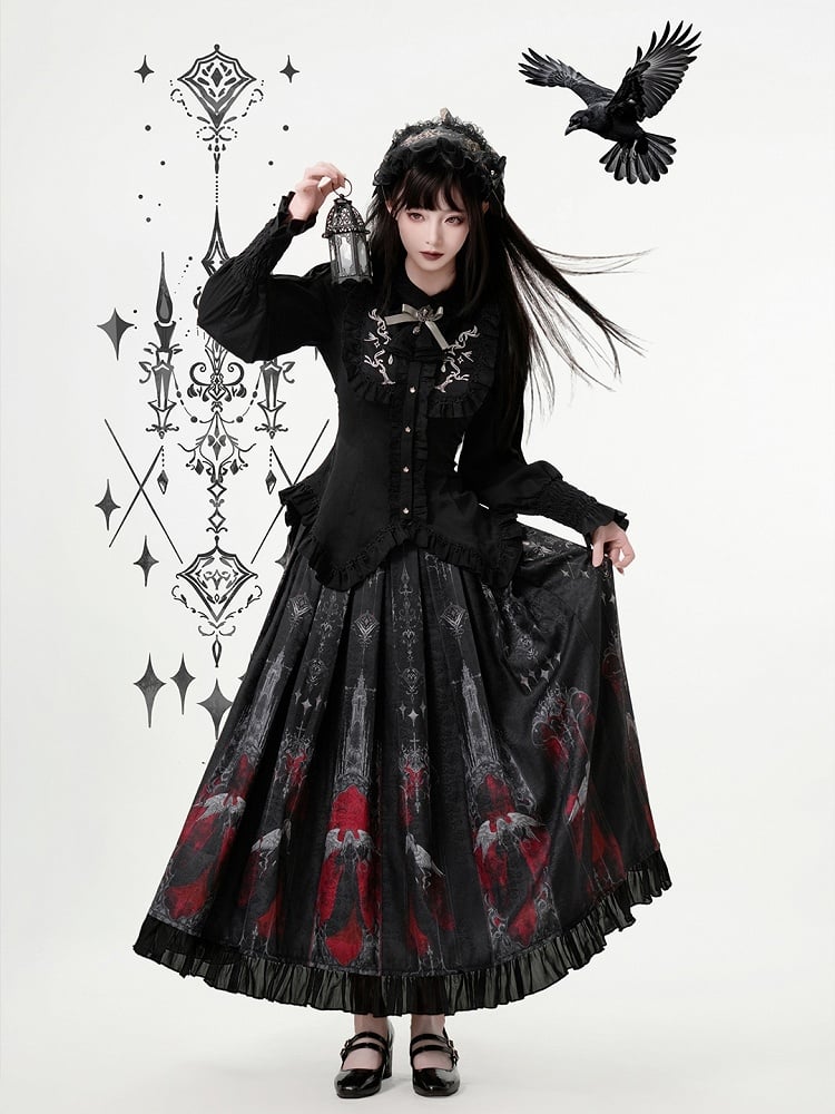Black Pleat Red Angel Castle and Hem Box Gothic Print Skirt with Ruffled