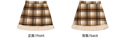 Brown High Waist Plaid Skirt Plush Trim