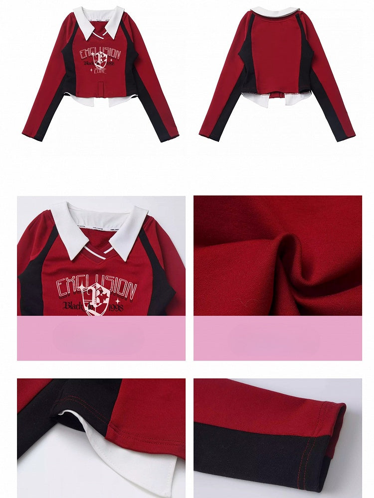 Red Layered-Look Design V-neck Cropped Sweatshirt