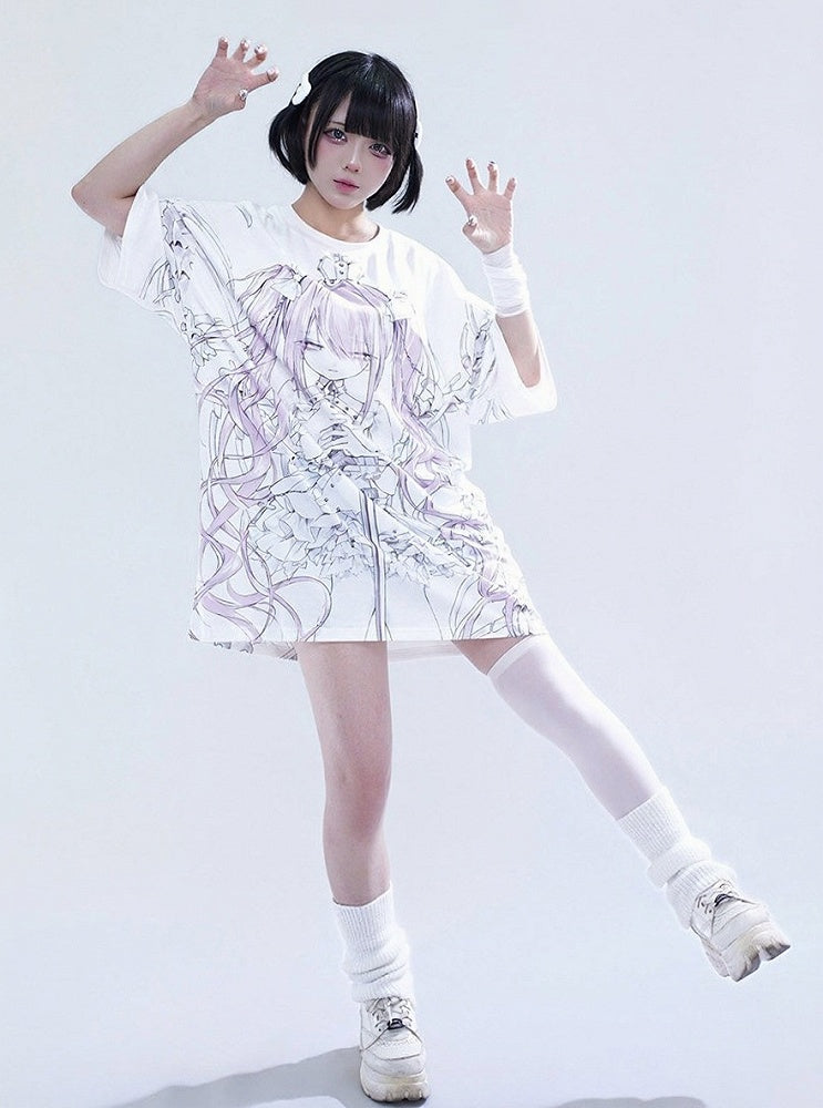 Oversized White Anime Girl Print T-Shirt - Tribuo Flos