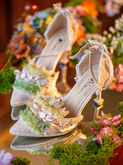 Decorated Floral Knotted Accent Bow Heels Pointed Green Toe Design High Beaded 5CM/8CM